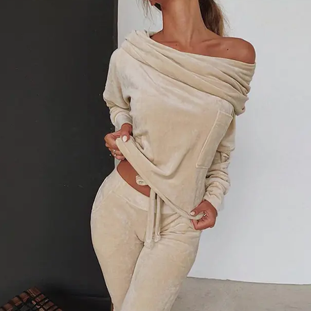 Off-Shoulder Velvet Pajama Set