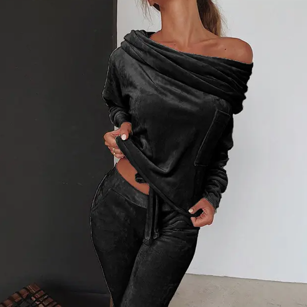 Off-Shoulder Velvet Pajama Set