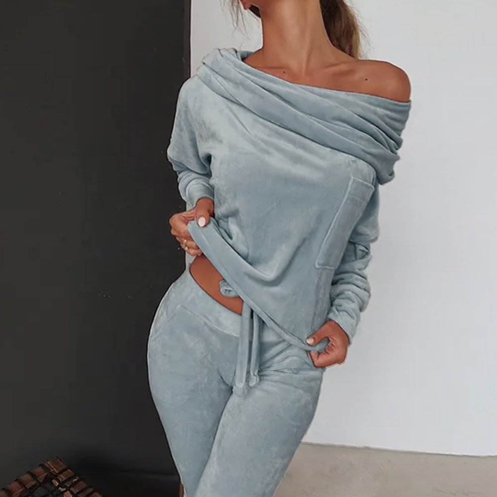 Off-Shoulder Velvet Pajama Set