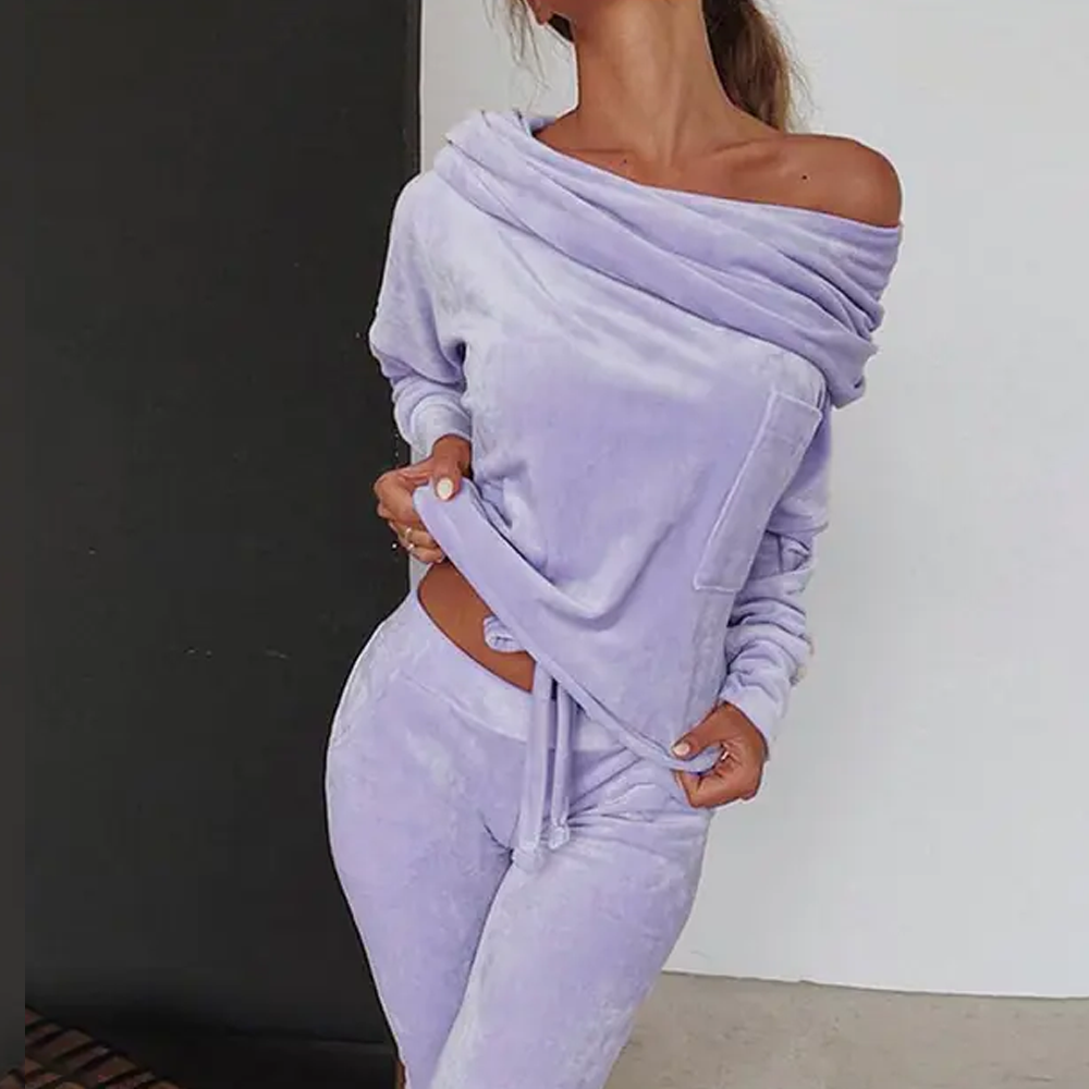 Off-Shoulder Velvet Pajama Set