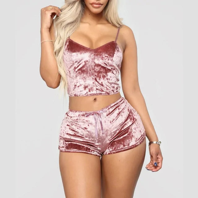 Spaghetti Strap Velvet Shorts Pajama Set