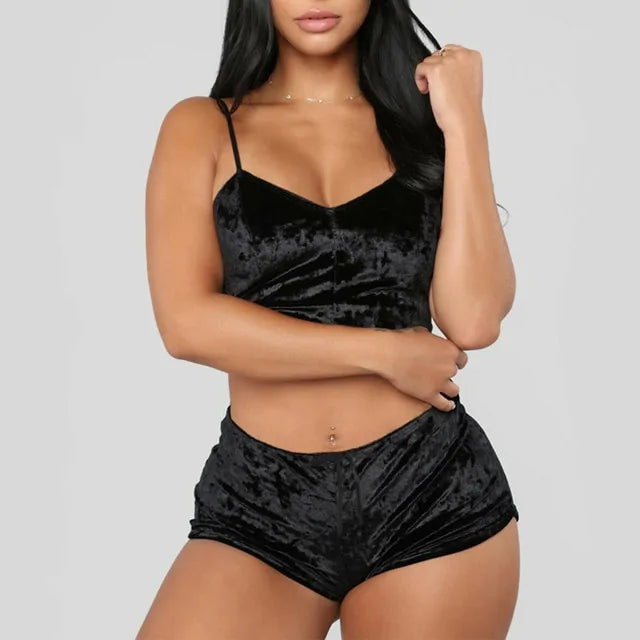 Spaghetti Strap Velvet Shorts Pajama Set