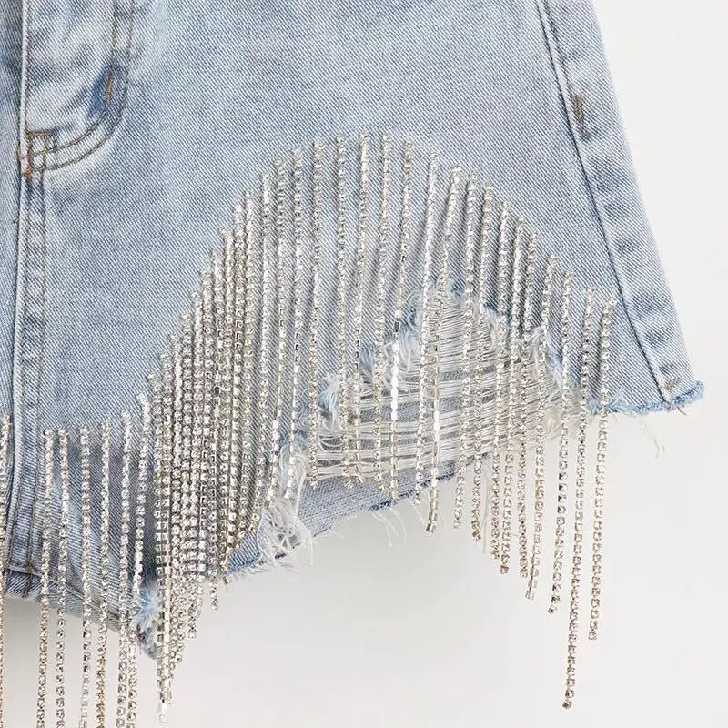 Tassel Rhinestone Denim Shorts